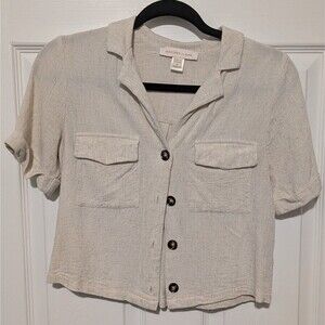 Monteau Los Angeles Women's Crop Top Beige Sz Med Button Up Shirt EUC